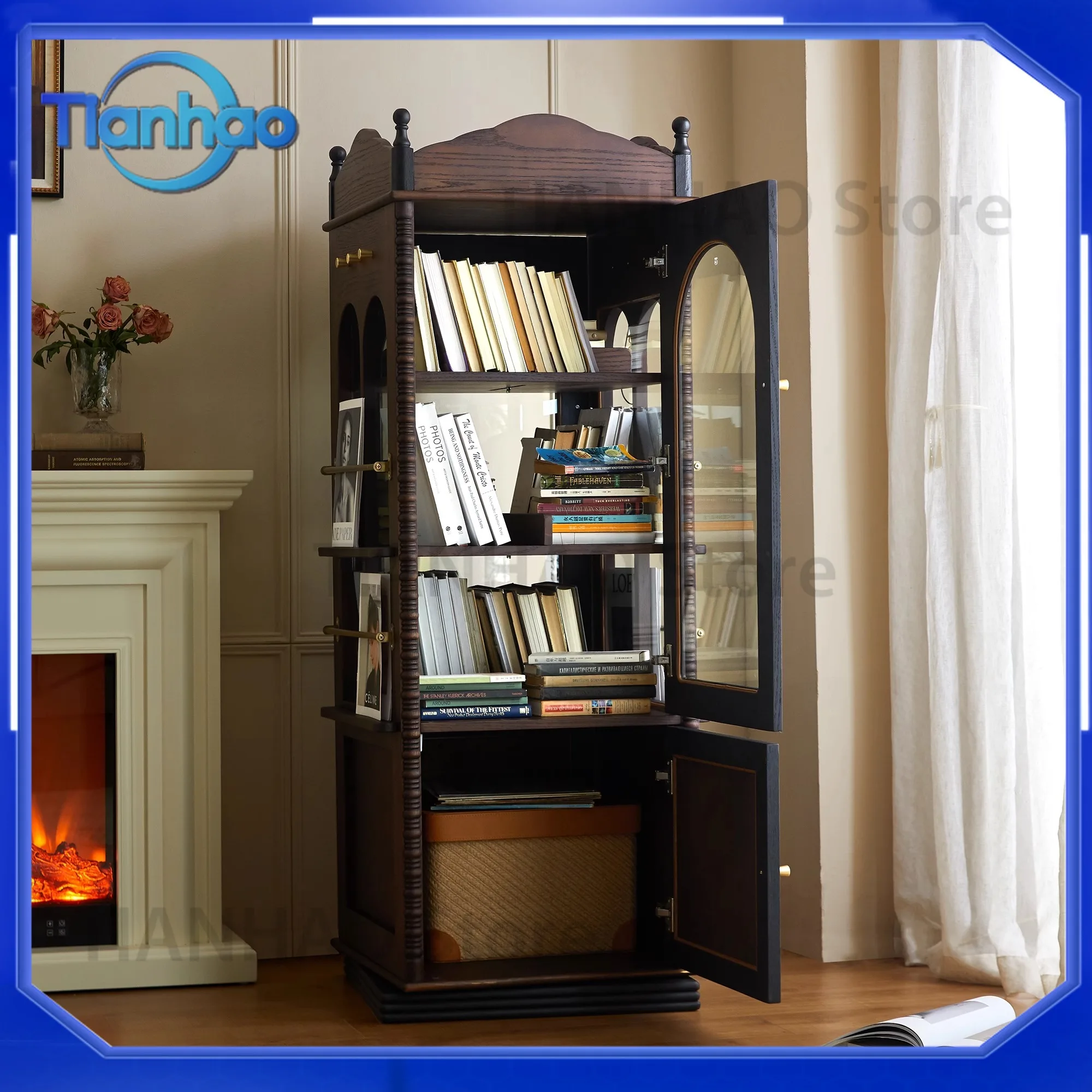 Vintage French Solid Wood Bookcase for Alice Rotating Cabinet in American Red Oak Modern Living Room Floor Storage Cabinet