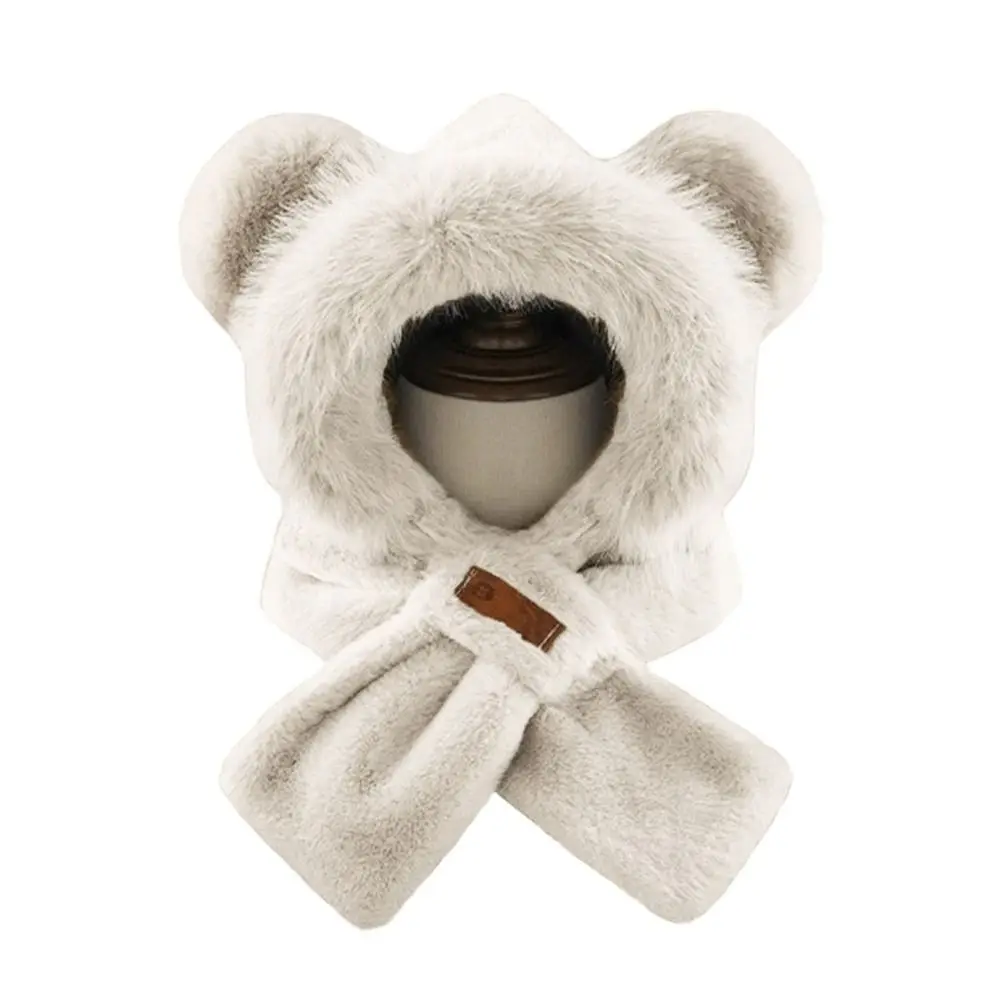 かわいいぬいぐるみ風冬用一体型キャップスカーフ、暖かい防風ビーニー帽スカーフ、カジュアルな厚手スカーフセット、フード付きサイクリング用