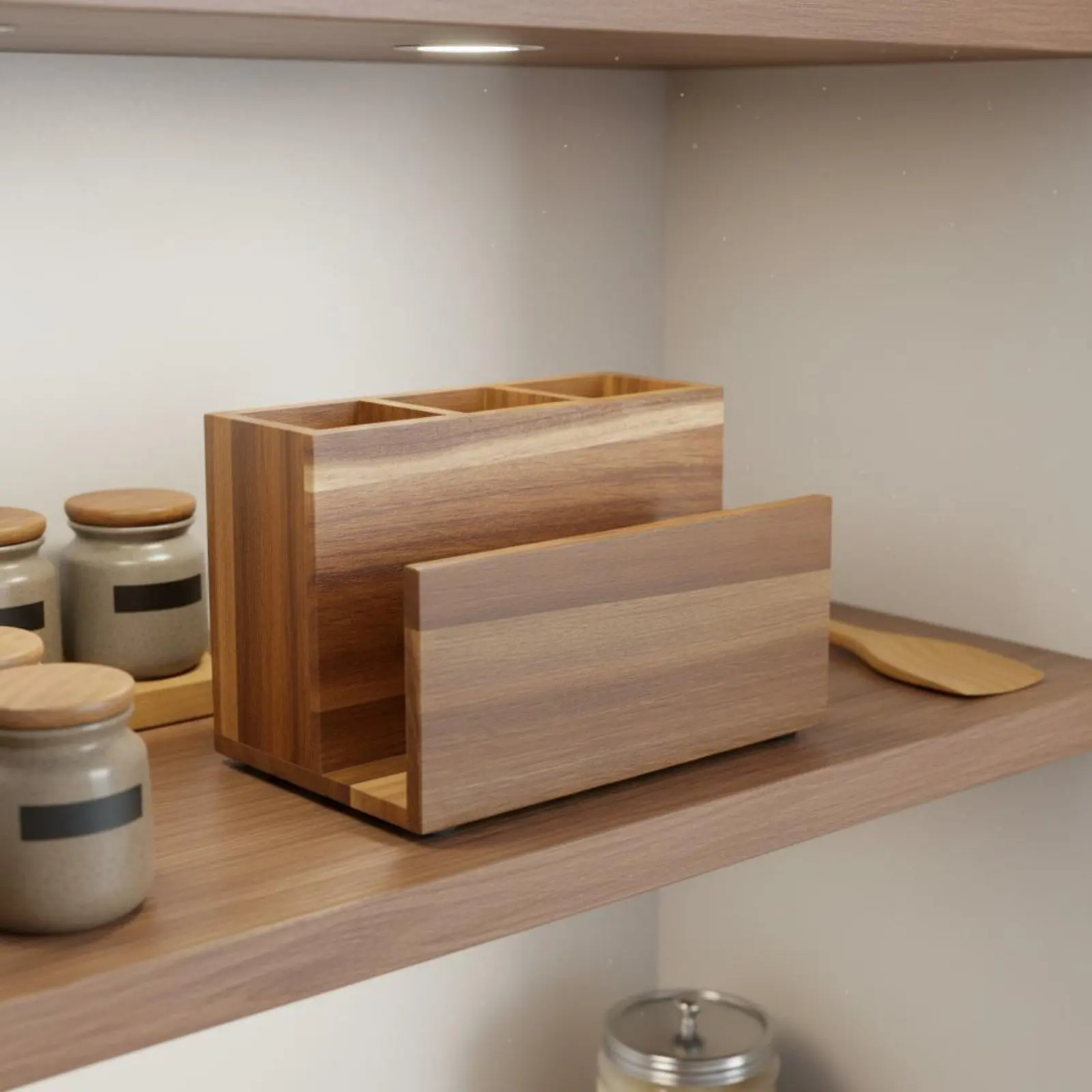Wooden Utensil and Napkin Holder Multi-Compartment Wood Flatware Organizer Countertop Cutlery Holder Space Saving for Restaurant