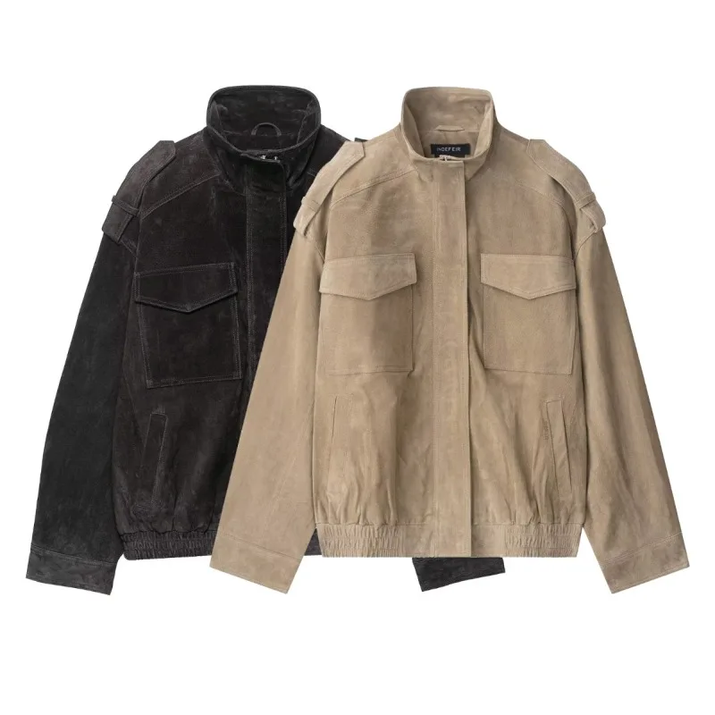 Stand Collar Faux Suede Jacket Zipper Khaki Loose Short Coat Casual Street Stylish Solid Fancy Ladies Outerwears 2026 Spring New