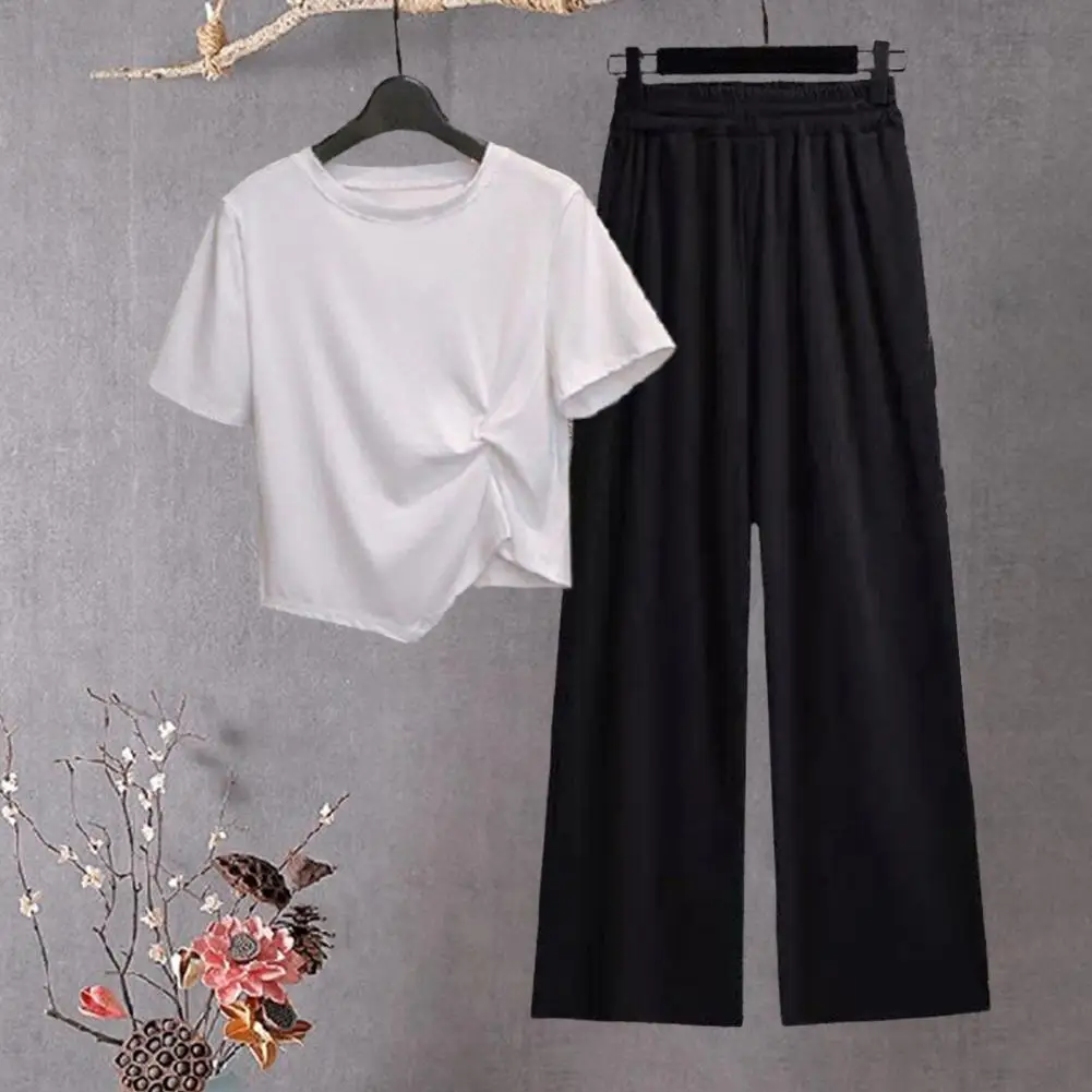 2Pcs/Set Trendy Lady Tracksuit Wide Leg Summer T-shirt Pants Set Knot Decor Daily Wear Workout Top Trousers Suit