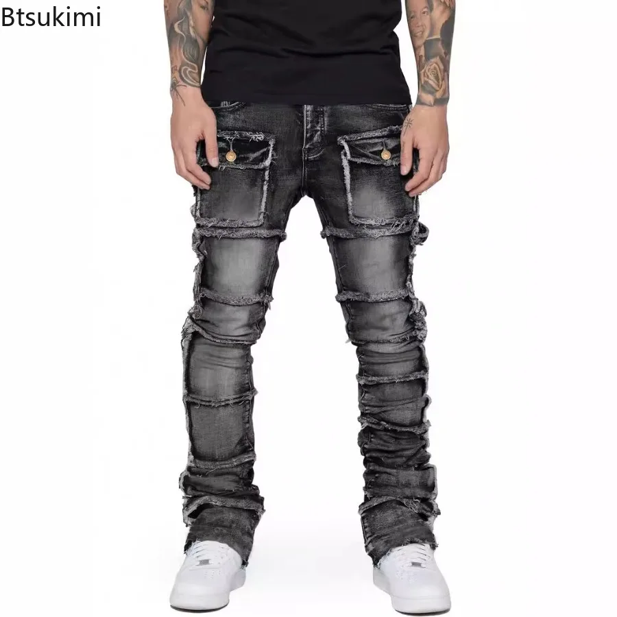 New Men's Retro Cargo Jeans Pants Stretchy Ripped Washed Cotton Y2k Pants Fashion Patchwork Straight Leg Denim Trousers for Men