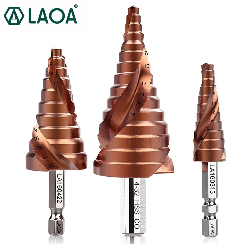 LAOA 1pc HSS-CO M35 Pagoda Step Drill Bit 3-13mm 4-22mm 4-32mm Hex Triangle Spiral Grooved Wood Metal Hole Cutter Drilling Tools