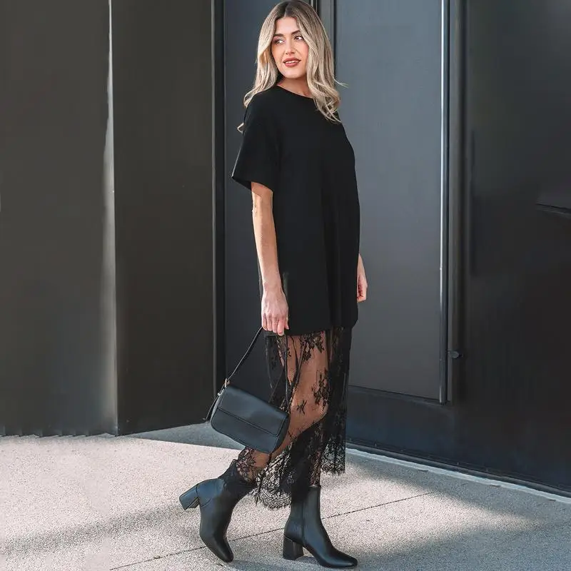 

Casual Loose Party Dress Spring Summer Sexy Lace Y2K Personalized Splicing Solid Color Elegant Short-sleeved O-neck Dresses