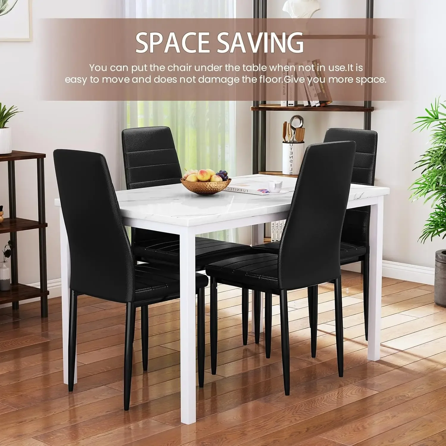 NEW 5 Pieces Dining Table Set for 4 with Faux Marble Top and Leather Upholstered Chairs, White+Black USA image 5