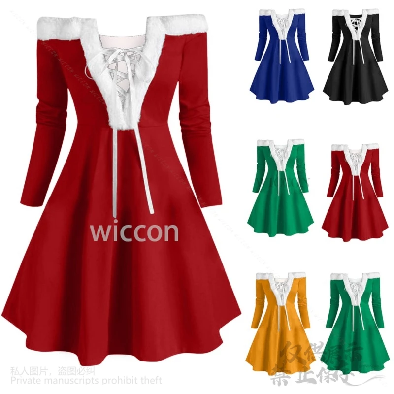 Anime 2024 Weihnachten Nettes Kleid Elegante Schneeflocke Sexy Off Schulter Langarm Faux Pelz Kragen Lolita Frau Mädchen Set Angepasst