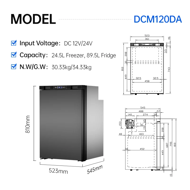 Colku DCM120DA DC Operation 12V Fridge Freezer Compressor 114L Built-In Car Refrigerator for RV Campervan Motorhome