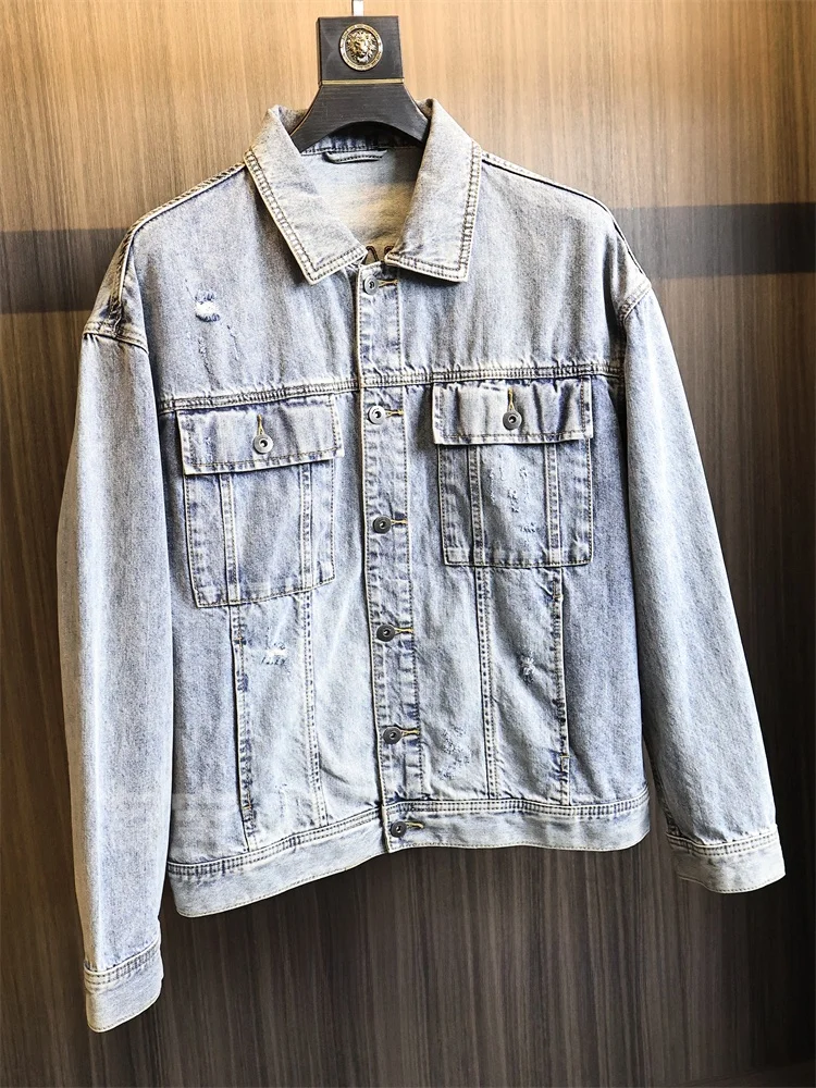 

Высококачественная осенняя мужская джинсовая куртка с вышитыми буквами, рабочая одежда с откидным воротником, Sle Faion, городская хлопковая куртка
