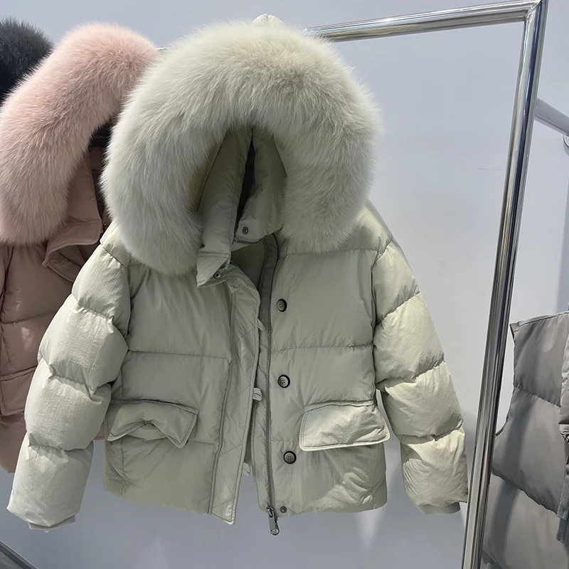 2024 New Fashion Winter White Duick Down Jacket Women Short Warm Hooded Simple Real Fox Fur Coat Female Puffer Jacket Women