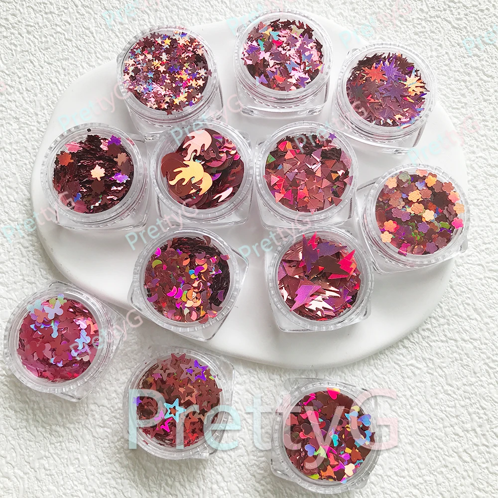 PrettyG 1 Juego de caja de 12 colores, purpurina holográfica Dk.red, forma de lentejuelas rosa, purpurina para uñas para resina, decoración artística de uñas DIY