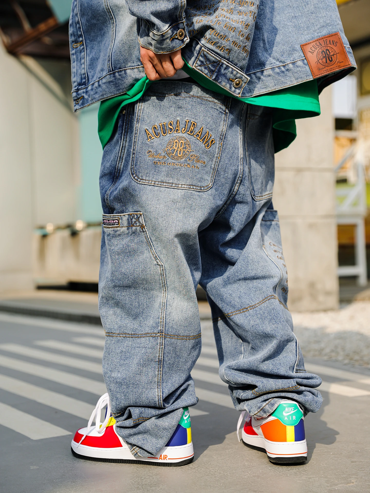 ACUSA Jeans Embroidered Denim Long Pants Washed Splicing Side Pocket Spring Autumn Loose Fit 633 Style Thickened Cotton Youth...
