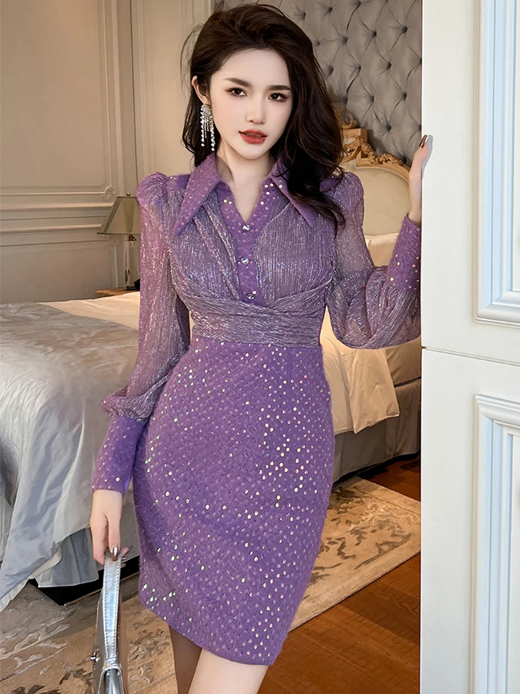 Exquisite Prom Dresses Women's Fashion Purple Twisted Polo Collar Bright Sequins Sheer Mesh Bodycon Short Gown Party Vestidos