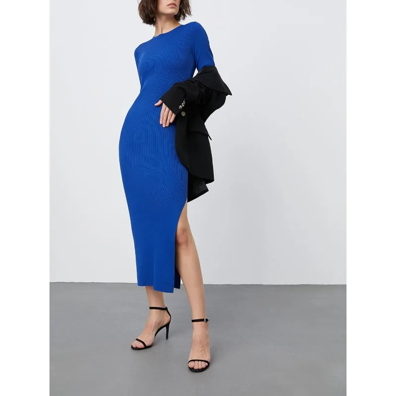 

Knitted Tight Dress Autumn and Winter Temperament Commuter Split High Round Neck Solid Color Dress