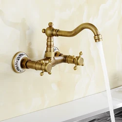 Double Hole Dual Lever Swivel Mixer Faucet Hot / Cold Water Mixer Valve Faucets Retro Basin Brass Sink Taps for Bathroom Kitchen
