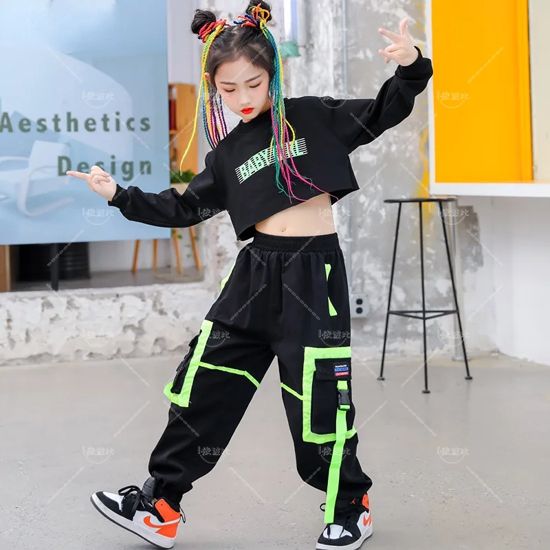 Girls Hip Hop Cargo Pants Goth Crop Top 2 Pcs Set Sweatshirt Children Street Dance Clothing Kids Jazz Gothic Costumes Streetwear