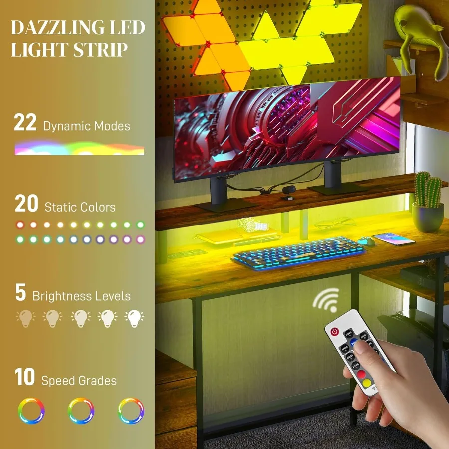 61 مكتب كمبيوتر مع أضواء LED منافذ طاقة منافذ USB مكتب ألعاب مع أرفف تخزين حامل شاشة خزانة ملفات قماشية Dra #4