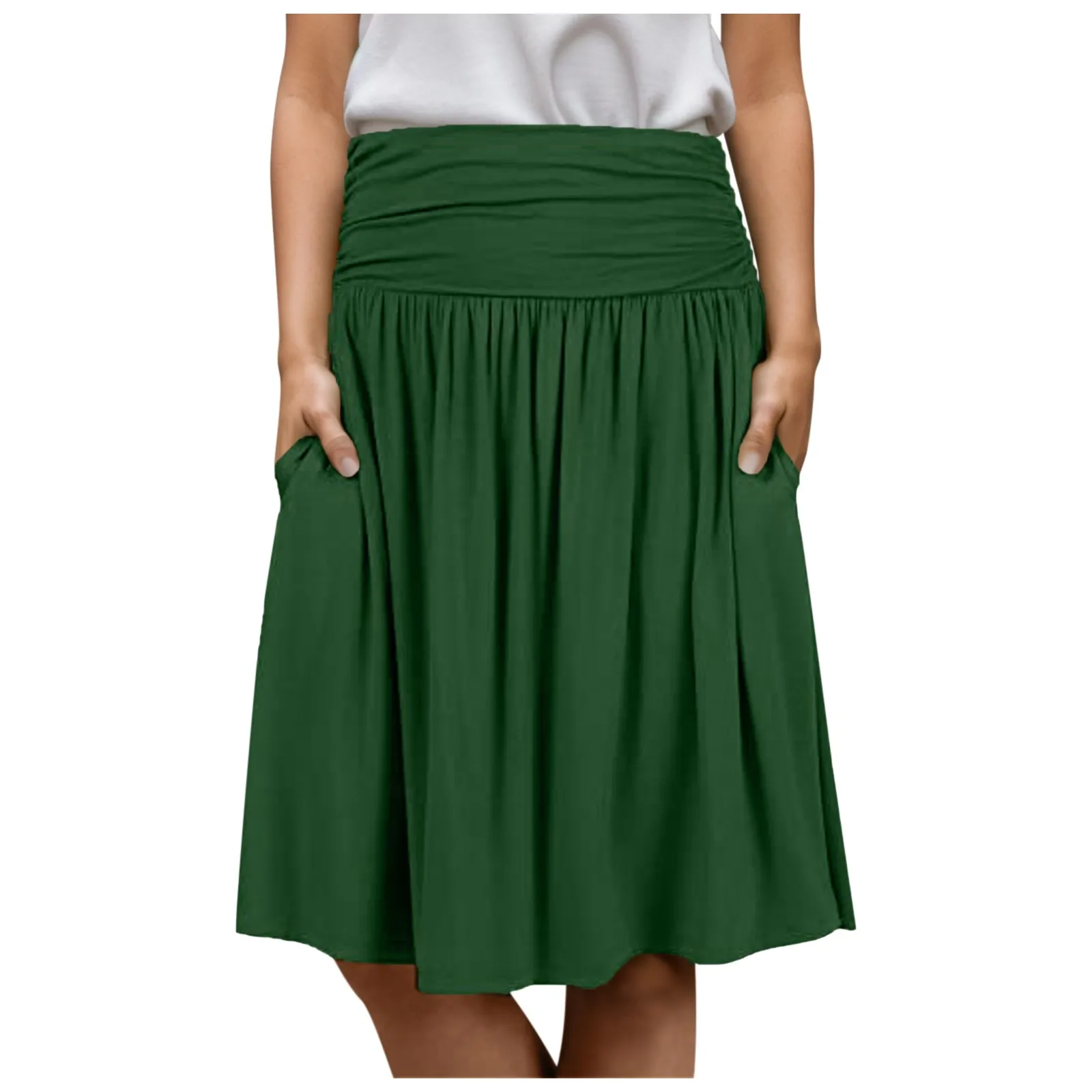 Knielengte Ruches Rokken Voor Vrouwen Elastische Taille Effen Kleur Rok Met Zakken Veelzijdige Lente Herfst Midi Rok Feestkleding