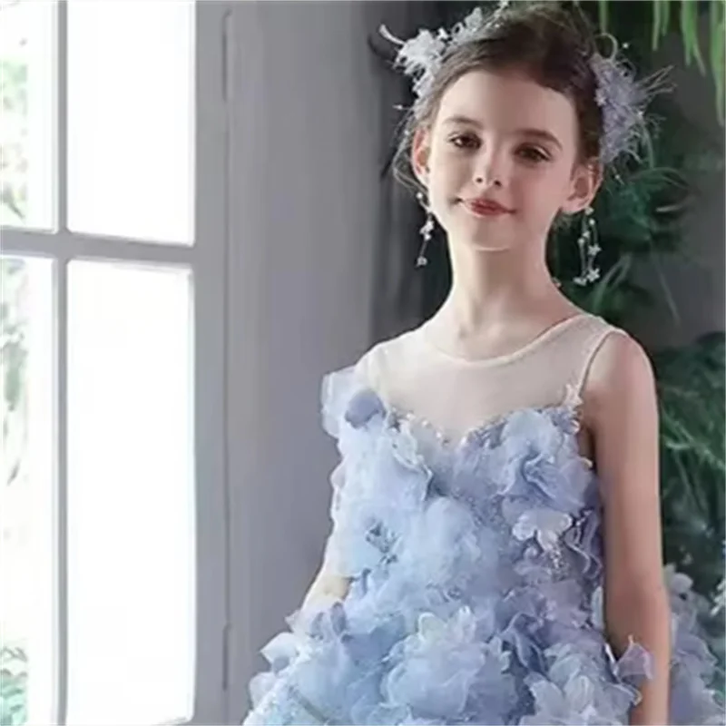 

Customized Blue Flower Girl Dress For Wedding Appliques Sleeveless Floor Length High Waist Kids Birthday First Communion Gown