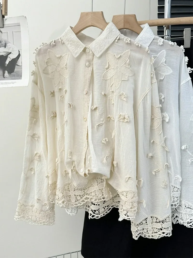 Turn Down Collar Embroidery Stereo Flower Shirts Single-breasted Sweet Lace Patchwork Blouses Vintage Blusas Mujer De Moda 2024