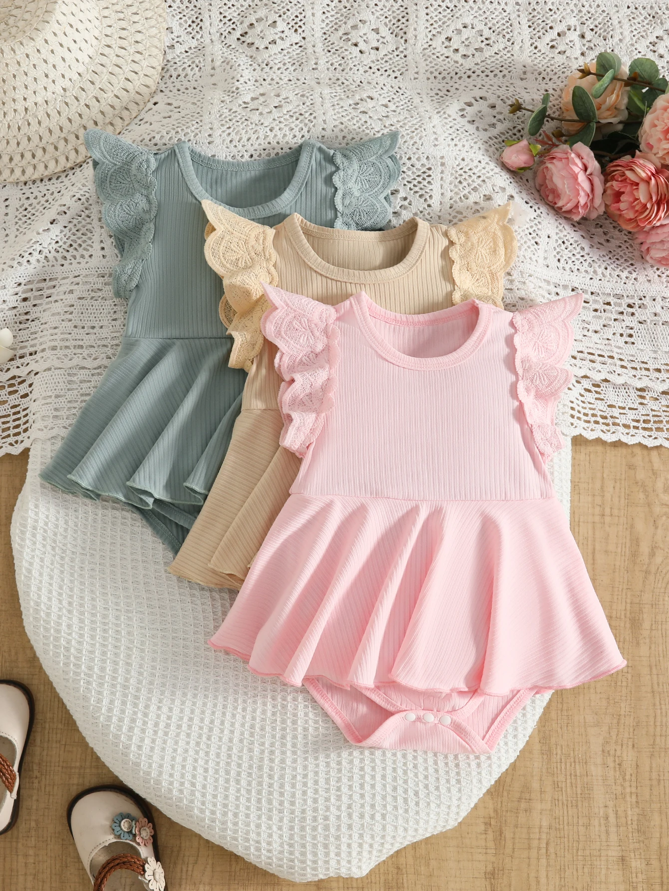 Baby Girl Summer Ins Style Ribbed Bodysuit Lace Sleeveless Jumpsuit Pink Yellow Green 3PCS Cute Soft Outfit Set