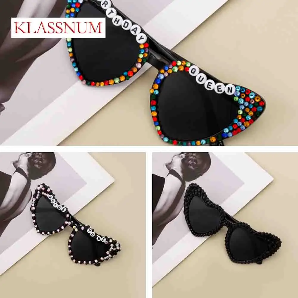 KLASSNUM Colorful Pearl wedding party sunglasses Heart Big Frame Love Inlaid Pearl Ladies Sunglasses Letter Pearl Black shades