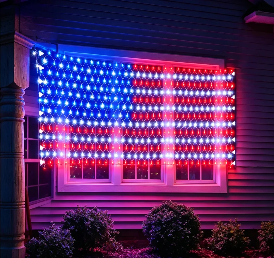LED American Flag Net Lights 390 Ultra Bright Beads 110V Plug In Patriotic Decoration Lamp Outdoor Indoor Holiday Festival
