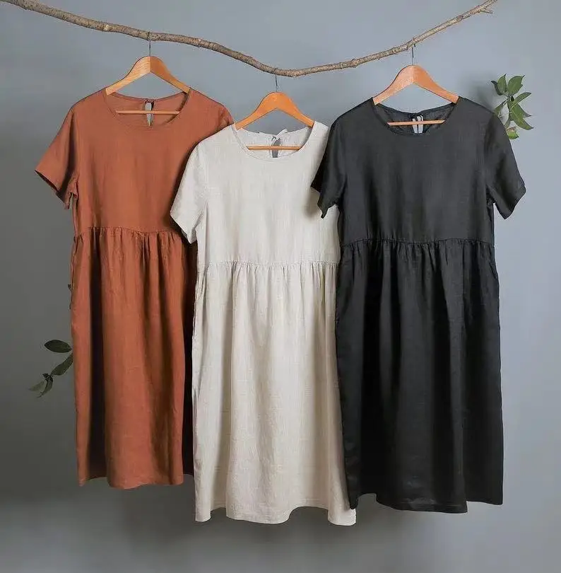 Cotton Linen Women's Soild Midi Dresses Casual Loose Short Sleeve Back Bandage Harajuku Boho Dress With Pockets Female Clothing