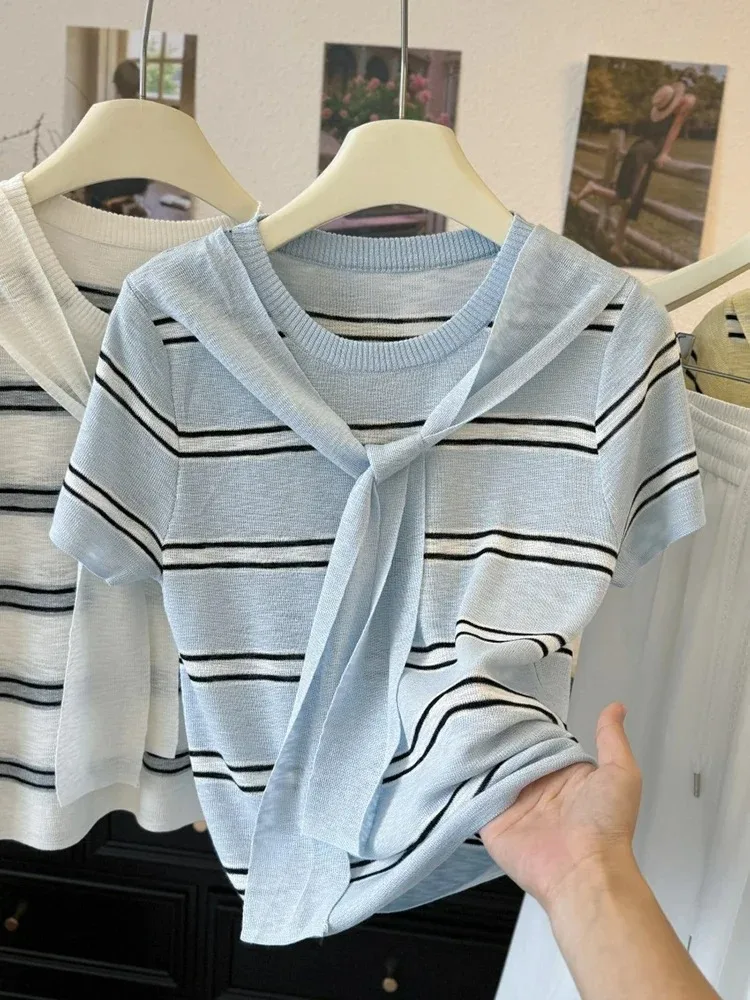 

Women's 2025 Summer Casual T-Shirt, Loose Fit Striped Knitted Top, Short Sleeve Round Neck Tee (Character Count: 78)