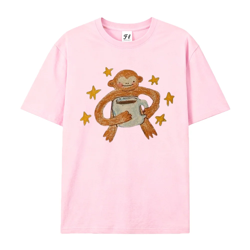 Women Cute Monkey Coffee Cup Graphic T Shirt Aesthetic Star Cartoon Print Short Sleeve Crew Neck Casual Loose Streetwear Tee Top
