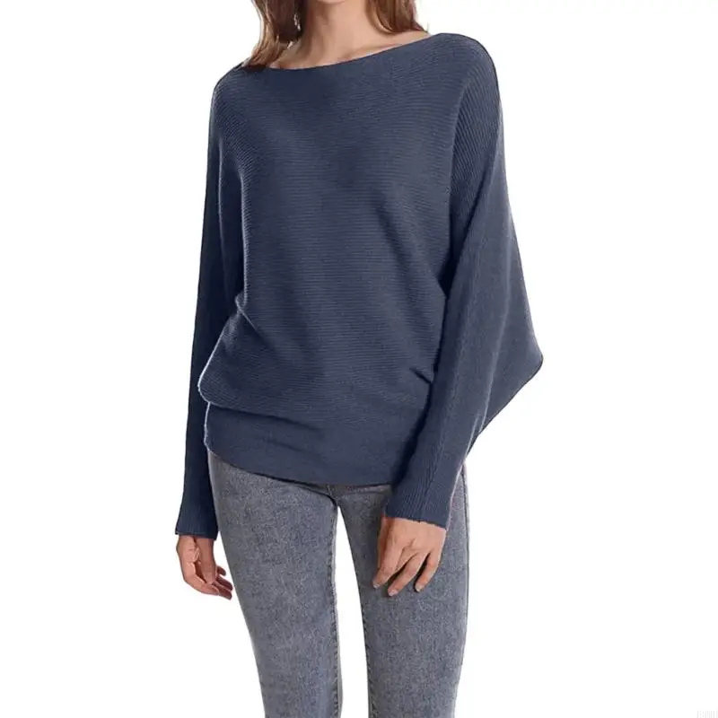 سترة نسائية فضفاضة برقبة على شكل جناح الخفاش وأكمام على شكل قارب، بلوفر كاجوال F3MD