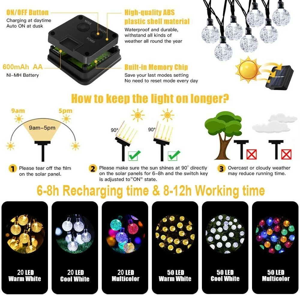 Bola de cristal Solar Power LED String Fairy Lights, guirlandas de jardim, decoração de Natal, ao ar livre, 50LEDs, 10m