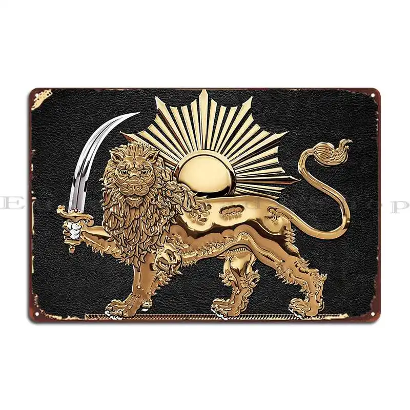 Gold Persian Lion And Sun Over Black Leather Metal Sign Custom Classic Painting Designing Party Tin Sign Poster