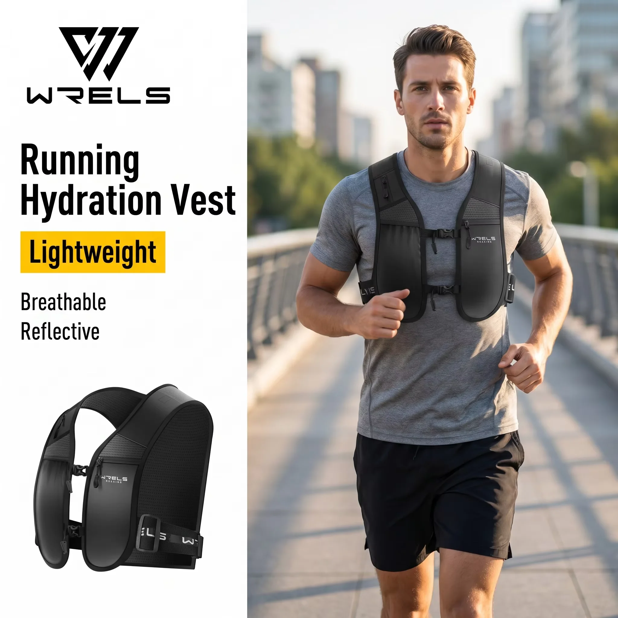 WRELS Running Hydration Vest Lightweight Breathable Water Pack Reflective Phone Holder Adjustable Men Women Marathon Vest