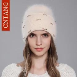 CNTANG New Hat For Women Winter Knitted Angora Rabbit Fur Beanie Fashion With Rhinestone Warm Hats Female Luxury Brand Cap y2k