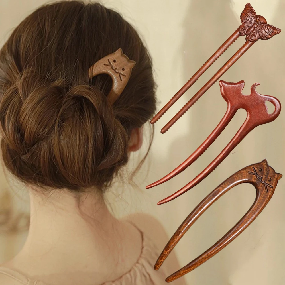 Wood Wooden Hair Stick U-Shaped Hair Fork Cat Butterfly Chinese Style Fashion Hairpin Buns Rabbit Headwear Girl Hair Accessories image 2