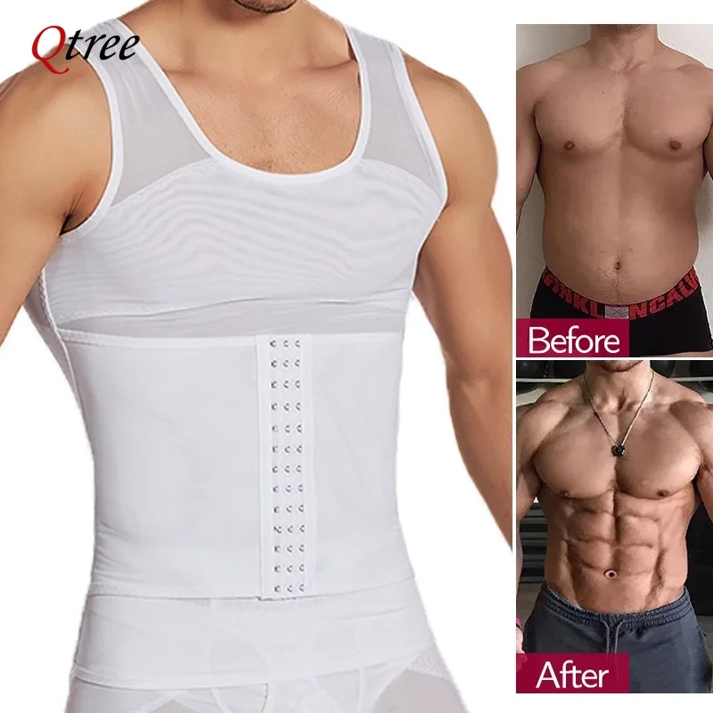 Qtree Men Compression Vest Slimming Body Shaper Corset Tummy Control Fitness Workout Abs Abdomen Hooks Waist Trainer Undershirts