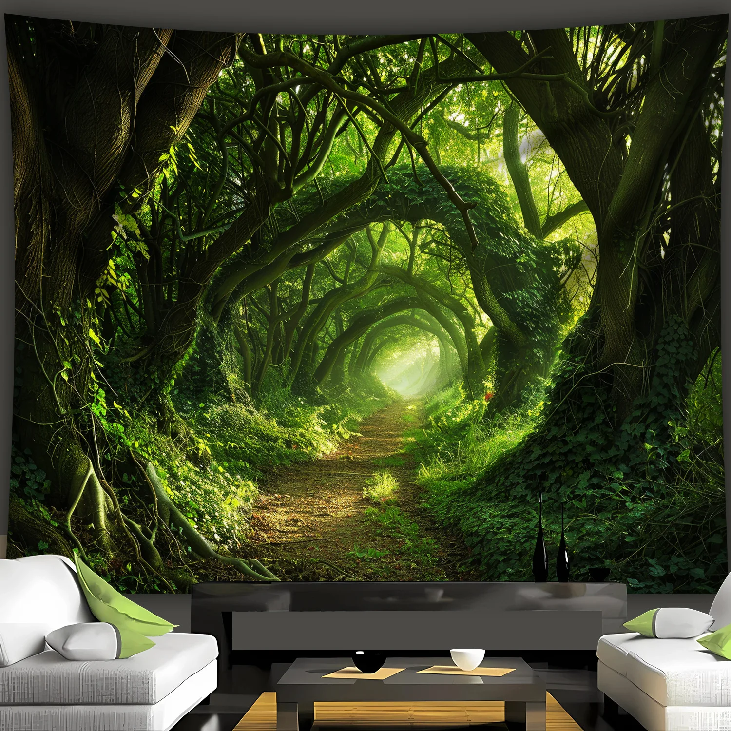Green Forest Tunnel Tapestry, Sunlight Through Trees Path, Nature Scenery Wall Hanging for Bedroom Living Room Decor