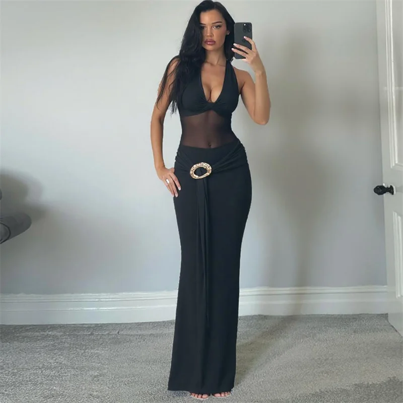 Sexy Halter V-neck Party Maxi Dress Women Elegant Mesh Patchwork Sleeveless Metal Ring Nightclub Prom Evening Dresses Vestidos