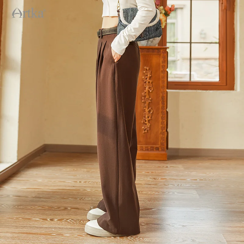 ARTKA 2023 Winter New Women Pants Fashion Casual High Waist Drapping Straight Trousers Long Loose Pants With Belt KA92133D