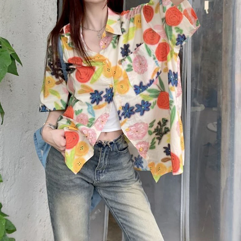 Summer Women Clothing Casual Korean Fashion Loose Buttons Printing Polo-neck Short Sleeve Colorful Youth Lively Bright Beach