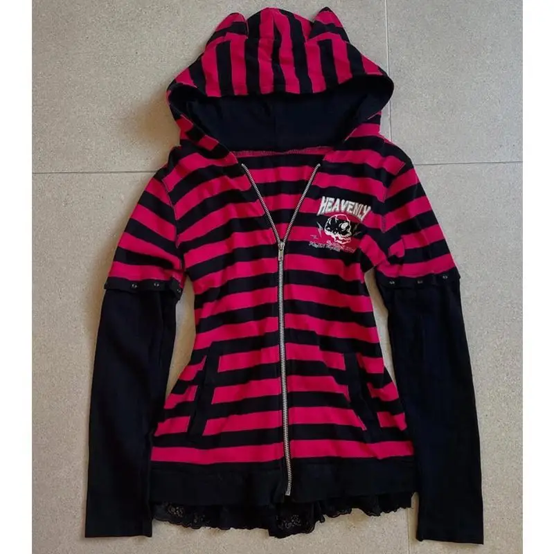 

Japanese Gothic Style Lolita Tshirts 2025 Ropa Mujer Cat Ears Hooded Tees Fashion Camis Tops Y2k Striped T-shirt Women's Clothes