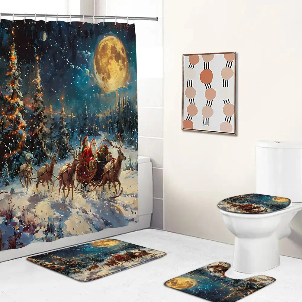 Merry Christmas Oil Painting Happy New Year Shower Curtain Set Snowman Santa Claus Xmas Ball Bath Mat Decor Toilet Lid Cover