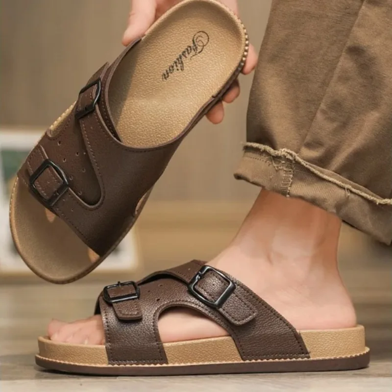 Novos chinelos para homens de alta qualidade chinelo de couro moda casual esporte slides ao ar livre não deslizamento chinelos de praia para homem flip-flops