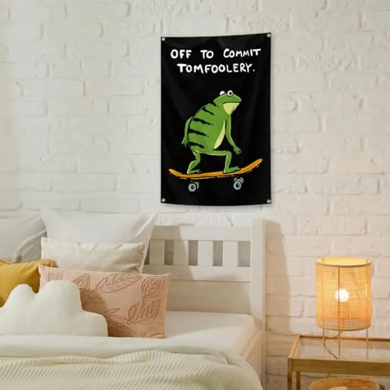VIKAMA Off To Commit Tomfoolery Frog Skateboard Wall Tapestry Black Background Green Toad Funny Quote Humor Bedroom Living Room
