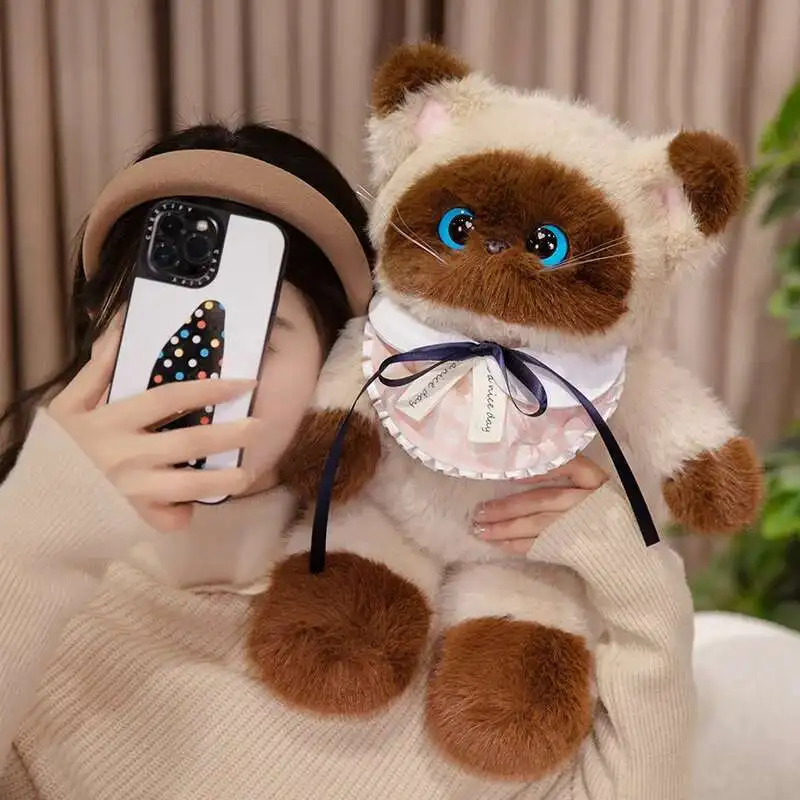 사랑스러운 옥양목 고양이, 소 고양이, 시아메스 고양이 봉제인형 귀여운 애완 고양이 봉제 장난감 턱받이 장식 부드러운 고양이 수면 친구 인형 어린이 선물