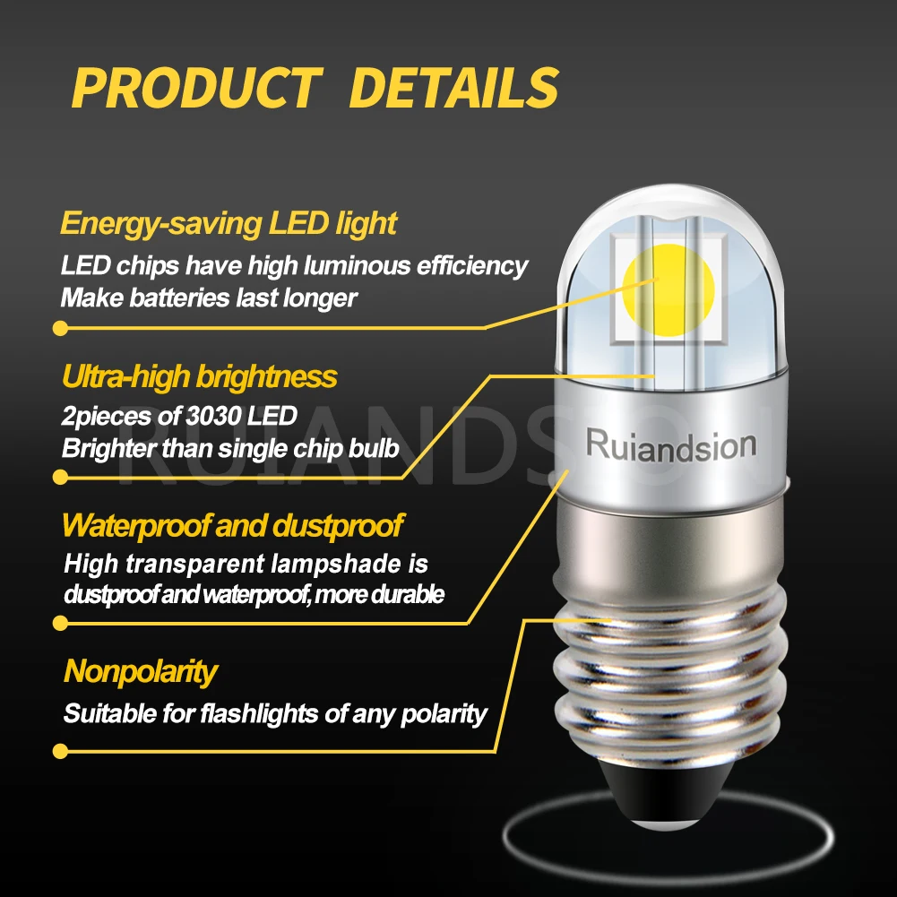 Ruiandsion E10 LED Bulb  3030 2SMD Chips White 3V 4.5V 6V 9V 12V 24V 110V 220V Non Polarity Camping Hiking Caving Lights  200LM - view 2