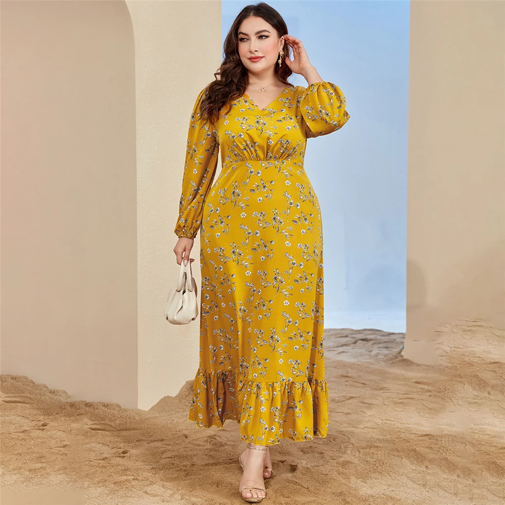 

Plus Size Women Floral Printed Long Maxi Dress Ruffles Kaftan Muslim Dubai Abaya Turkey Robe Saudi Arabic Caftan Femme Musulman