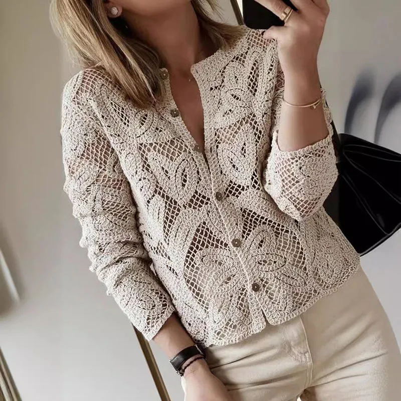 Autumn Embroidery Lace Hollow Blouse Shirts Women Elegant Crew Neck Button Jacquard Top Sexy Crochet Long Sleeve Knitted Sweater