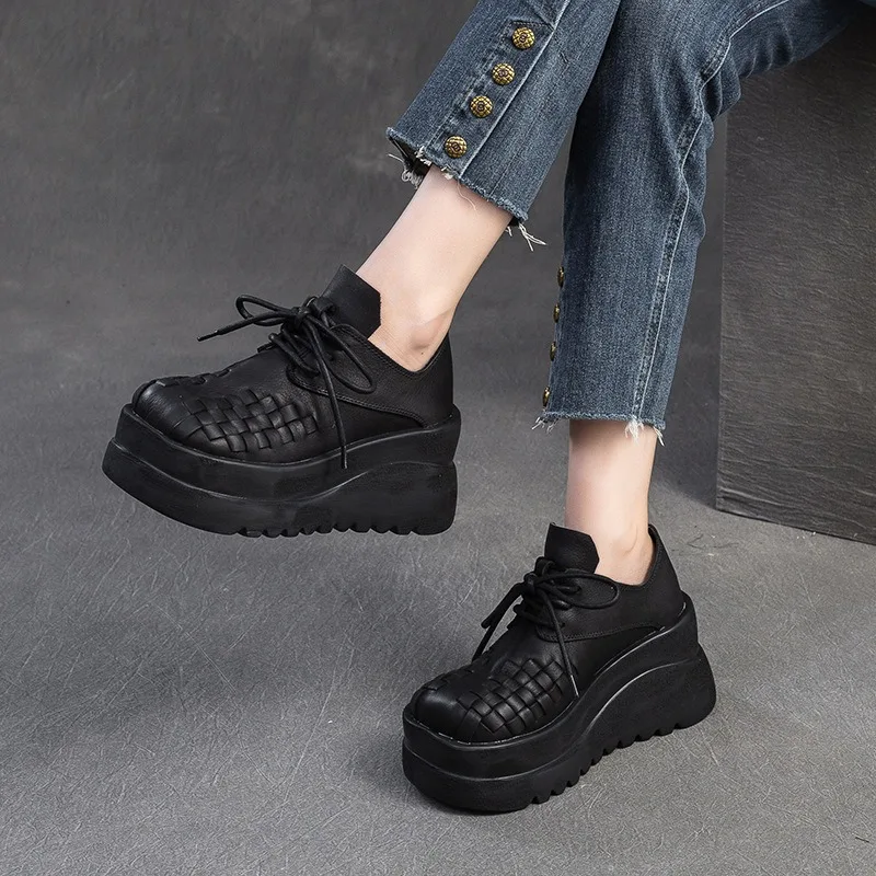 

Birkuir Retro Weave Wedges Thick Heel Shoes For Women Lace Up Flat Platform Soft Genuine Leather Luxury Ladies Casual Shoes