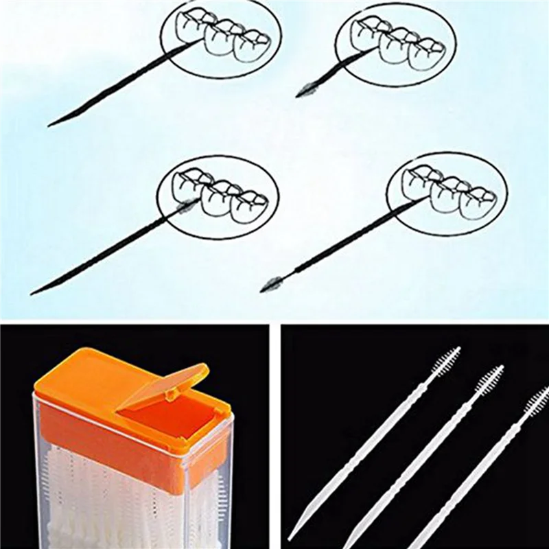 AB33-500 Pcs Plastic Toothpicks 2 Way Tooth Picks Interdental Brush Cleaners Portable Box Random Color
